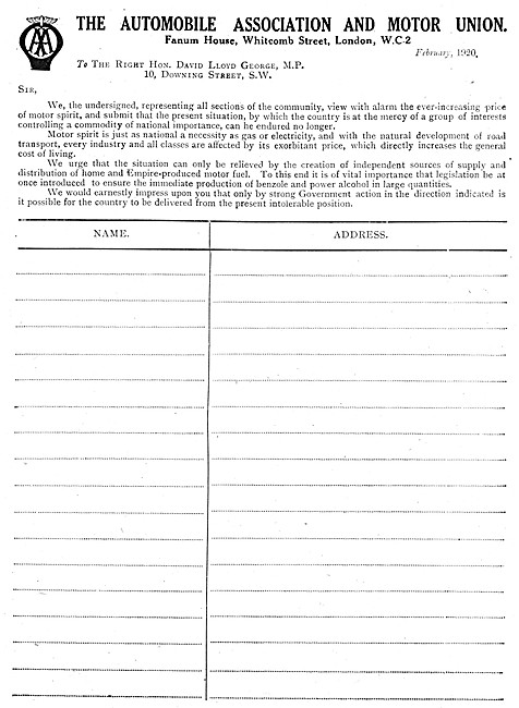The Automobile Association - 1920 AA Petrol Prices Petition Form 