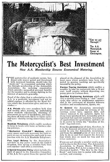 The Automobile Association - AA Membership Benefits 1920 Advert  