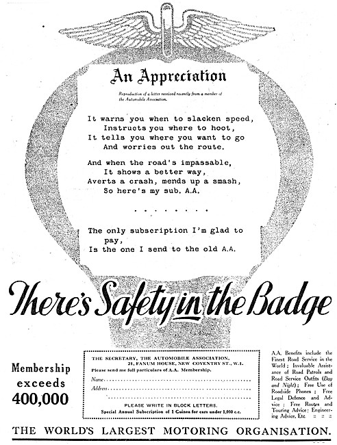 The Automobile Association - AA 1930 Advert                      