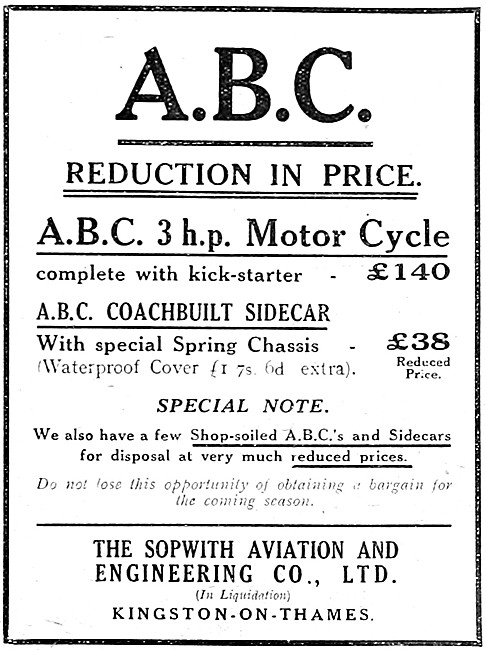 Sopwith A.B.C. 3 hp Motor Cycle - ABC Sidecars                   
