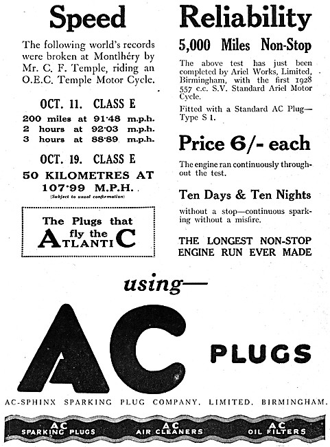 AC Sphinx Spark Plugs 1927 Advert                                