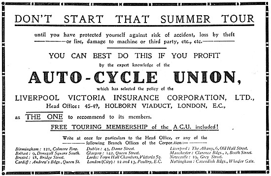 A.C.U. The Auto-Cycle Union 1913 Advert. RAC                     
