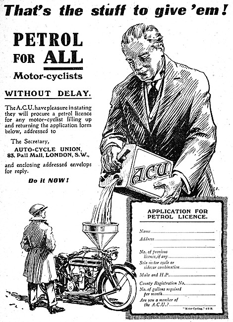 A.C.U. The Auto-Cycle Union 1919 Members Petrol Supply Advert    