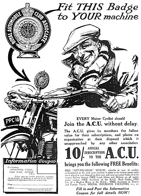 A.C.U - The Auto-Cycle Union - ACU 1919 Advert                   