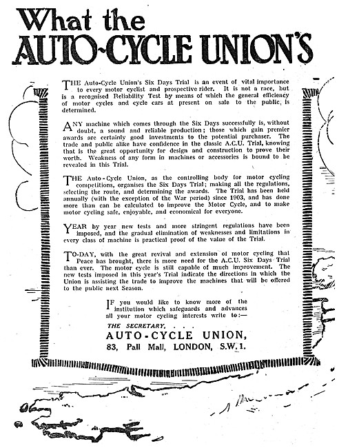 A.C.U - The Auto-Cycle Union - ACU 1919 Advert                   