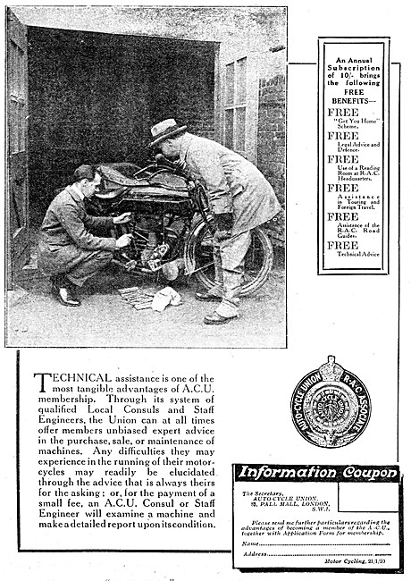 A.C.U. The Auto-Cycle Union 1920 Advert. RAC Associate Membership