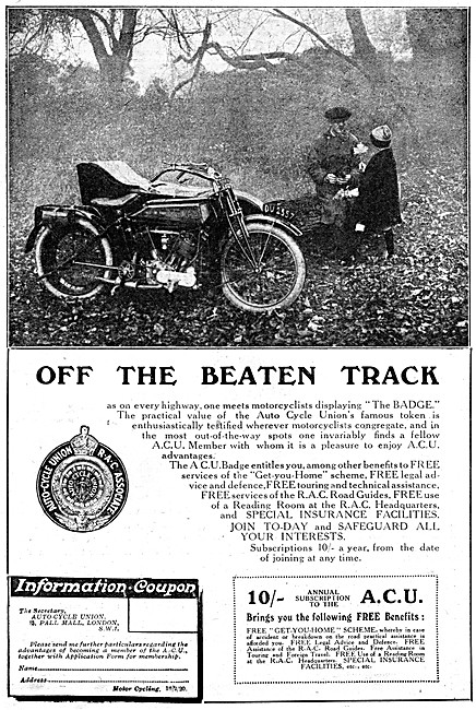A.C.U. & R.A.C.  Auto-Cycle Union Member Benefits Advert 1920    