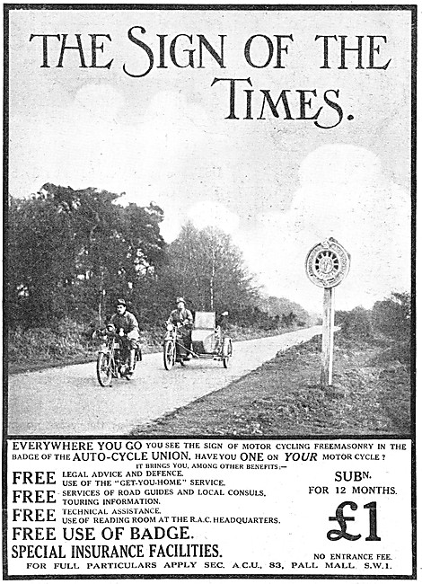 A.C.U. The Auto-Cycle Union 1921 Advert. RAC                     