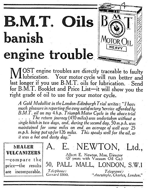 1921 BMT Oil Advert - A.E.Newton                                 