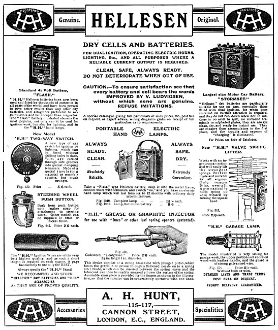 A.H.Hunt - HH Motor Cycle Accessories - Hellesen Batteries       