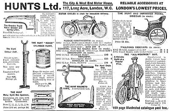 Hunts Motor Cycle Accessories 1912 Advert                        