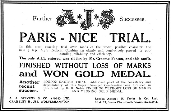 AJS 7hp Motor Cycle 1921 Paris-Nice Trial Winner. 1921 Advert    