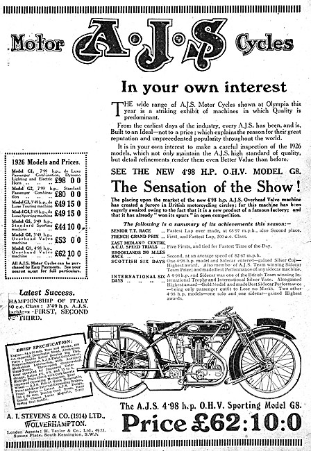 1925 AJS G8 4.98 hp OHV Sporting Motor Cycles                    