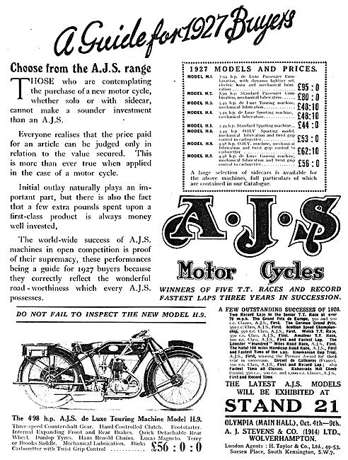 AJS Model Range For 1926/1927 - AJS Model H.1.                   