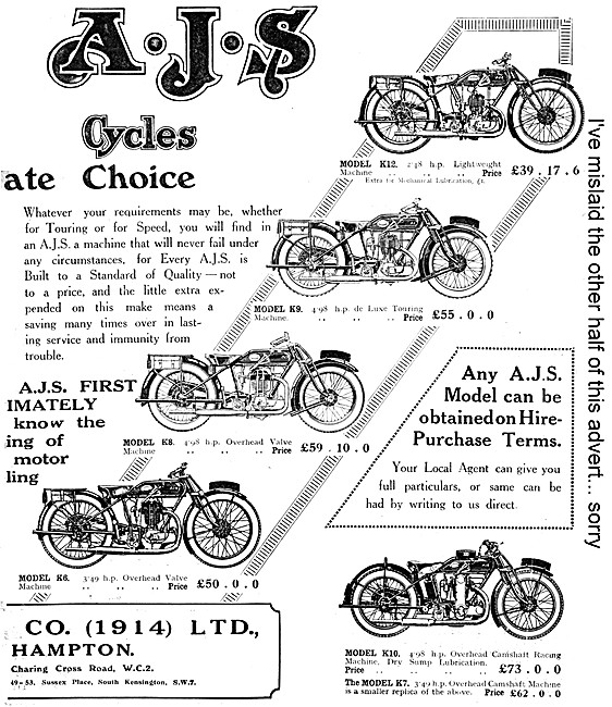 AJS Motor Cycle Range For 1927                                   