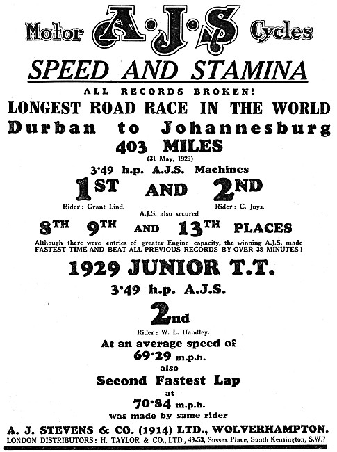 AJS Racing Motor Cycles 1929 Successes                           