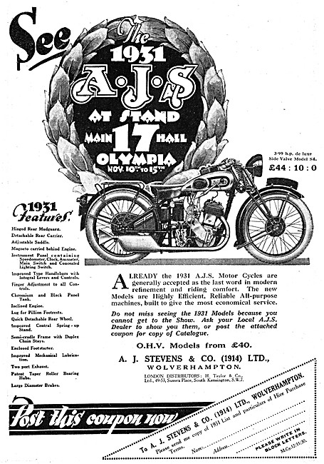 1930 AJS Model S4 Side Valve Motor Cycle                         