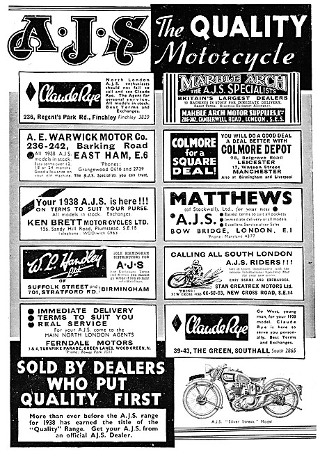 AJS Motor Cycle Dealerships 1938                                 