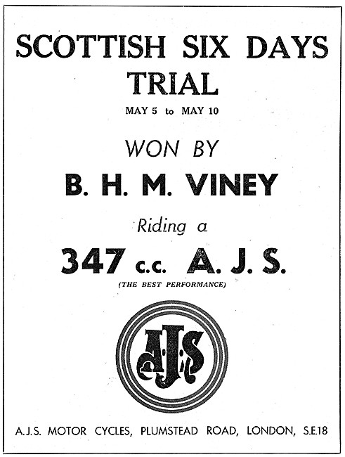AJS Motor Cycles Trials Motor Cycle Successes 1947               