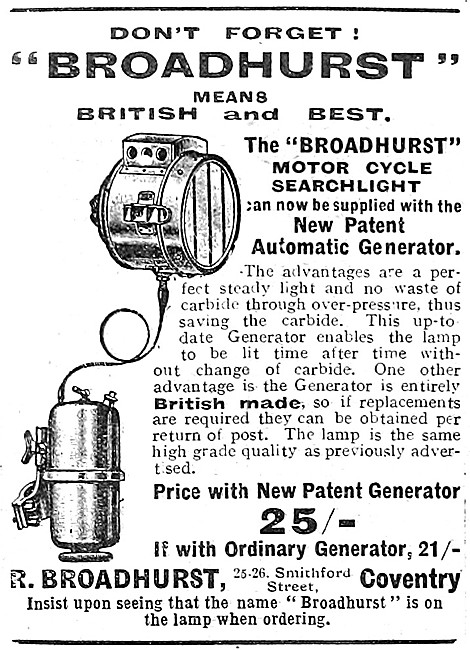 Broadhurst Motor Cycle Searchlight With Patent Generator         