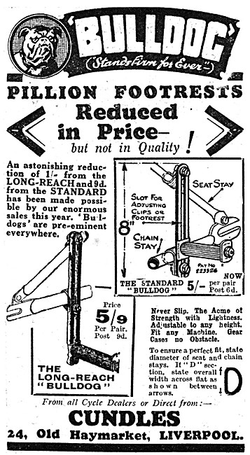 Cundles Bulldog Motor Cycle Pillion Footrests 1927 Advert        