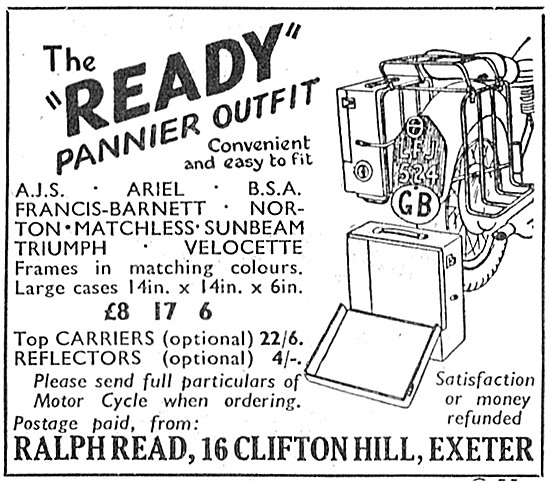 Ralph Read Motorcycle Pannier Outfit 1957 Advert                 