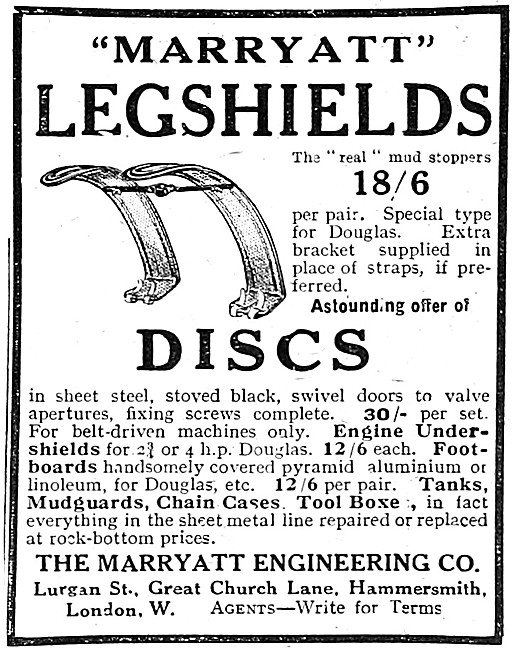 Marryatt Motor Cycle Legshields 1920 Advert                      