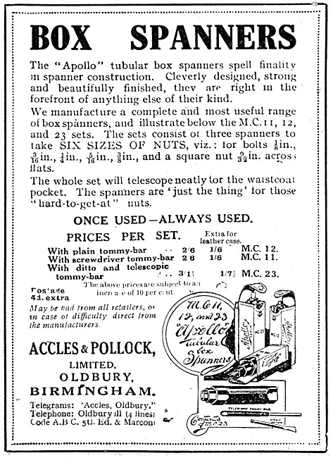 Accles & Pollock Box Spanners 1920 Advert                        