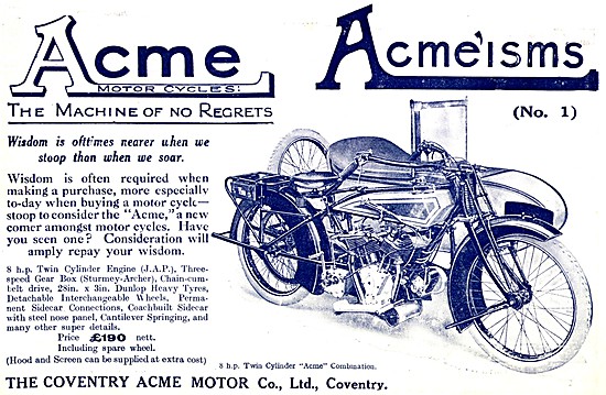 1920 Acme 8 hp Motor Cycle Combination                           