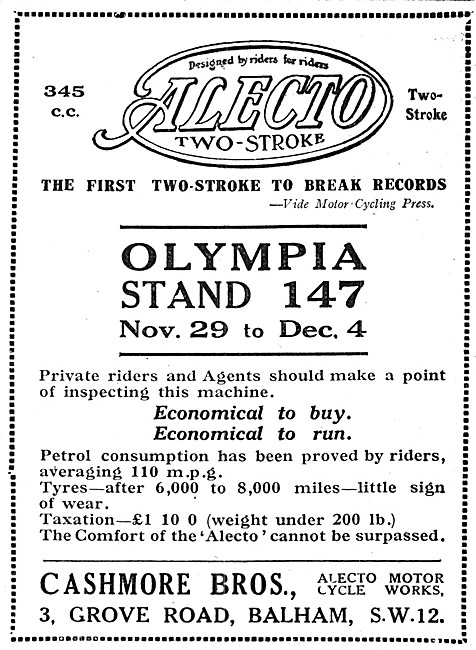 Alecto Motor Cycles - 1920 Cashmore Alecto Two-Stroke Motor Cycle