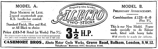 Alecto Motor Cycles Balham. 1920 Alecto Two-Stroke Motor Cycle   