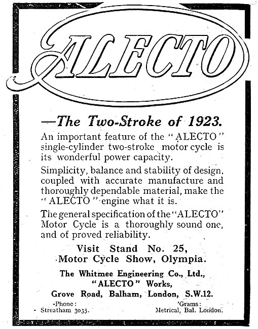 Alecto Two-Stroke Motor Cycles 1922 Advert                       