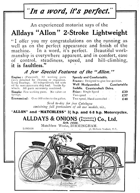 1915  Alldays & Onions Allon Motor Cycle                         