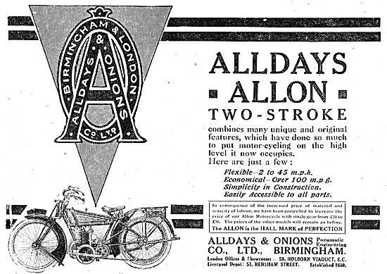 Alldays & Onions Motor Cycles 1916  Alldays Allon Two- Motorcycle