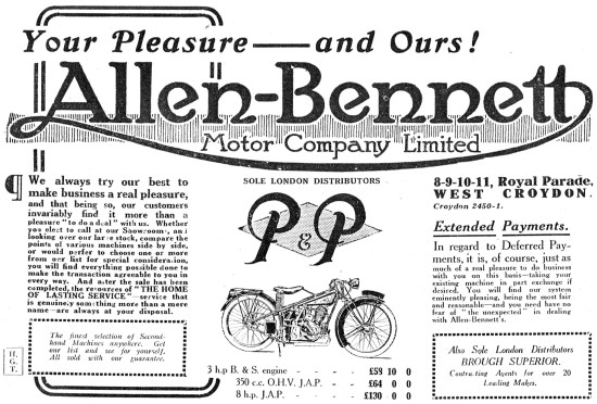 Allen-Bennett Motor Cycle Sales 1924 Advert                      