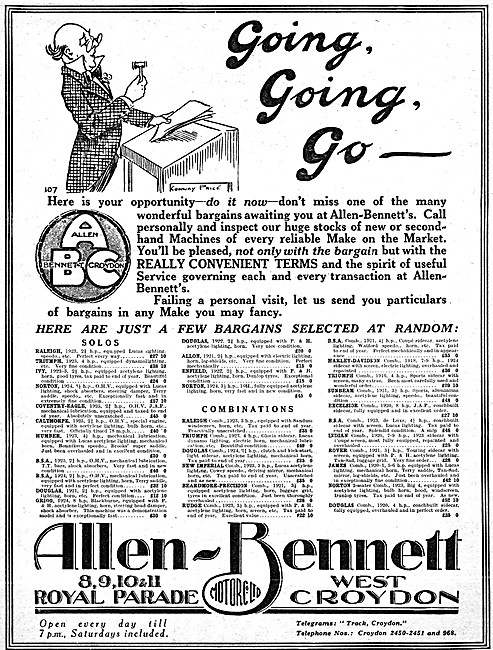 Allen-Bennett New & Used  Motor Cycle Sales 1925 Advert          