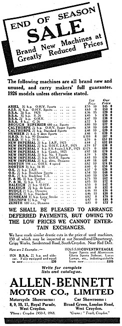 Allen-Bennett Motor Cycle Sales. Croydon. 1926 Models            