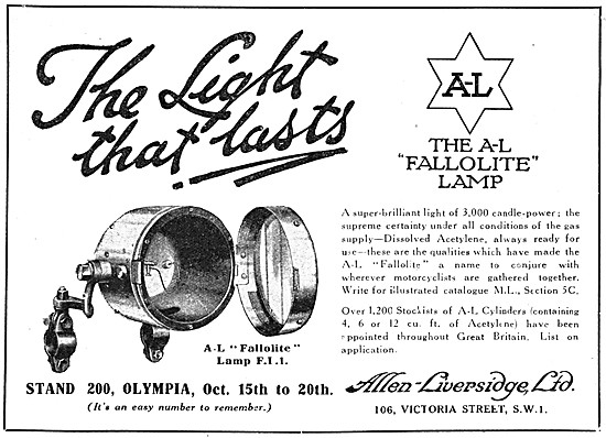 Allen-Liversidge Acetylene Lamps - A-L Fallolite Lamps           