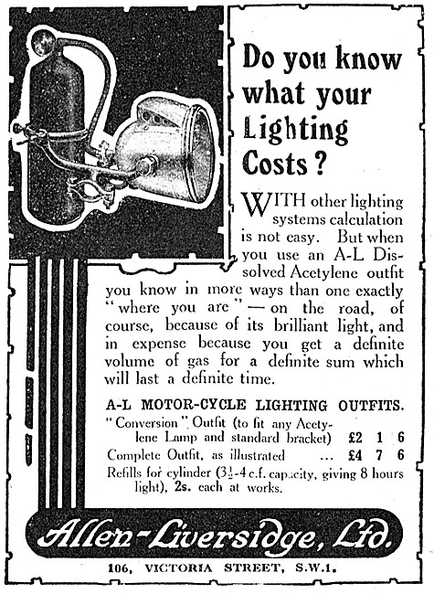 Allen-Liversidge Dissolved  Acetylene Motorcycle Lighting Sets   