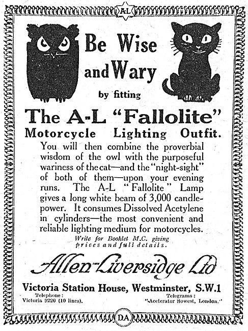 Allen-Liversidge Acetylene Lamps - A-L Fallolite Lamps 1924      