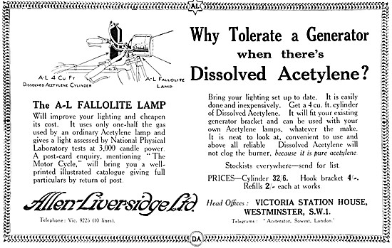 Allen-Liversidge DIssolved Acetylene Lamps -  A-L Fallolite Lamps