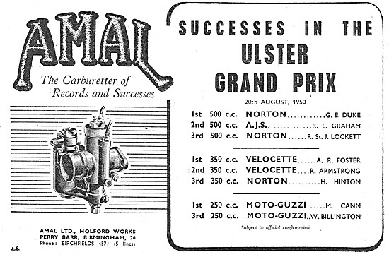 Amal Motor Cycle Carburetters 1950 Grand Prix Successes          