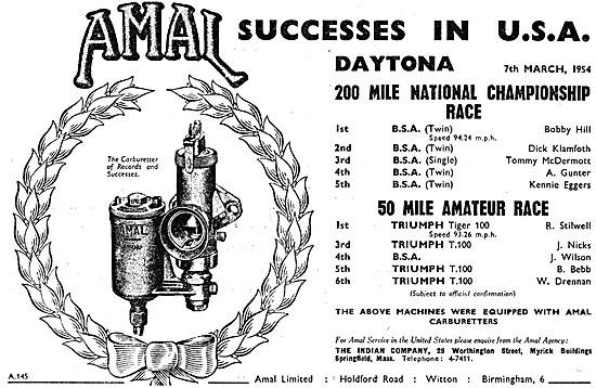 1954 Amal Motor Cycle Carburetters Racing Successes              