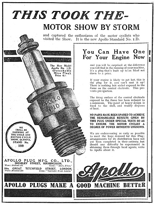 Apollo Sparking Plugs - Apollo Spark Plugs 1920 Advert           