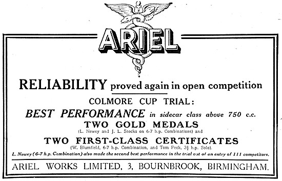 1920 Ariel Motor Cycle Competition Successes Advert              