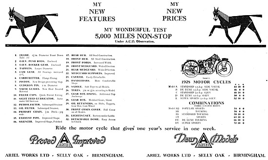 Ariel Motror Cycles List Of New Features For 1928 Models         