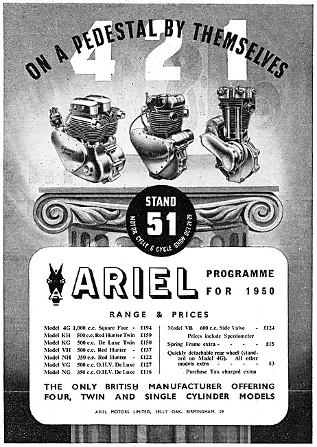 1949 Ariel Motor Cycles Range & Prices                           