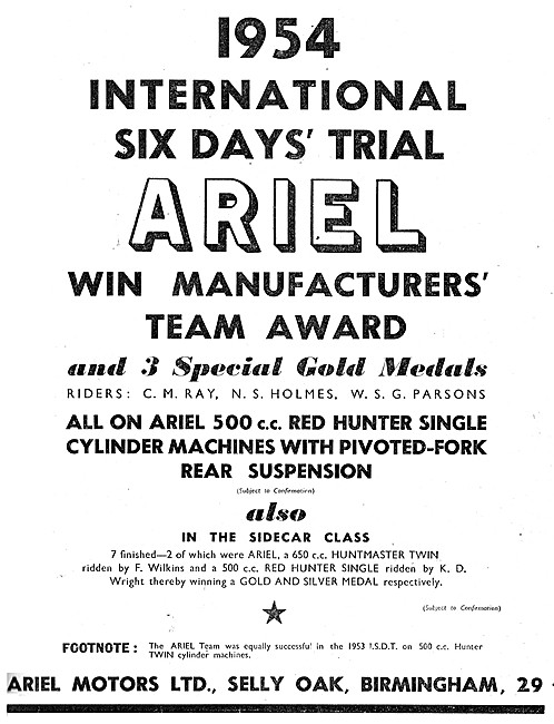 Ariel Red Hunter Single 1954 ISDT Success                        