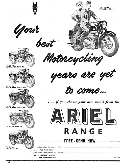 Ariel Motorcycle Models Advert 1958                              