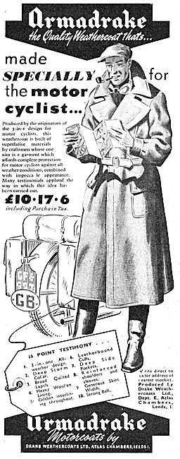 Armadrake All Weather Motor Cycle Clothing 1949 Styles           
